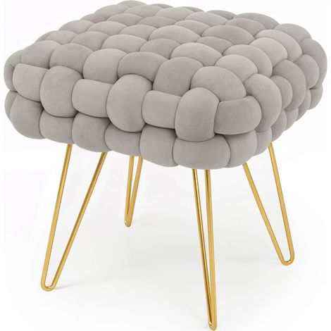 Pouf sgabello in velluto intrecciato 38 cm DOTTY Grigio Chiaro (1/5)