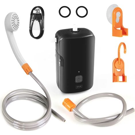 Douche extérieure portable avec pompe électrique étanche et deux niveaux de débit, idéale pour le camping, la randonnée, les voyages et le bain des animaux. (1/4)