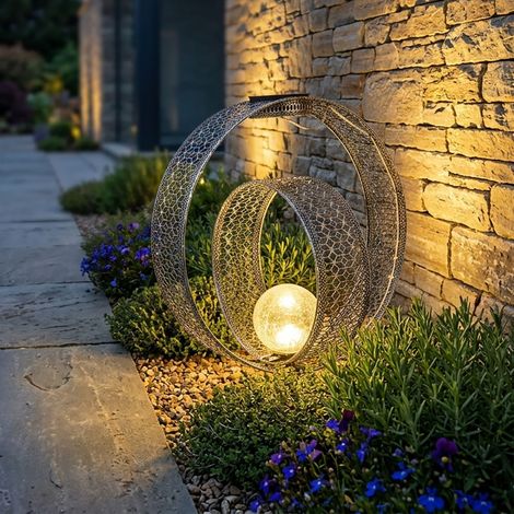 Globo – Lampe solaire boule orientale en métal et verre craquelé – IP44 étanche – 42 cm hauteur – 1x LED blanc chaud pour jardin (1/5)