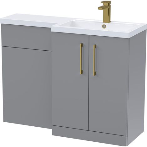 Balterley Right-Hand Bathroom Vanity and WC Unit Combination with Basin - 1100mm - Satin Grey with Brushed Brass Handles