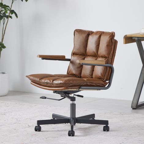 Chaise de bureau ergonomique pivotante 360° réglable en hauteur, structure métal, revêtement cuir marron (1/5)