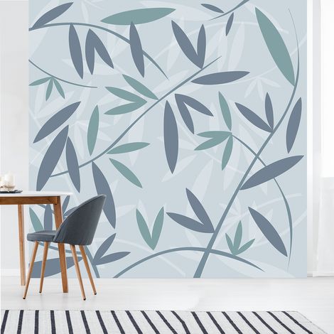 Papier peint intissé motif feuilles de bambou vert bleuté sur fond vert clair, 250 cm X 250 cm, panoramique. (1/2)