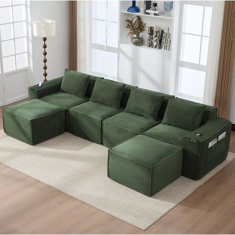 Divano modulare a 4 posti 330x162x75 cm, con portabicchieri e tasche laterali, tessuto a coste verde (1/5)