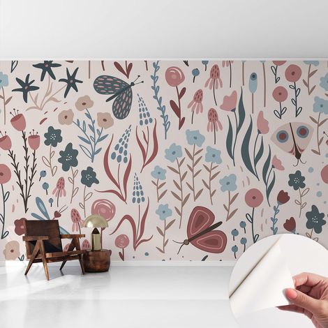 Selbstklebende Tapete modern Wohnzimmer - Wanddeko Schlafzimmer - Tapete mit Motiv Blumen und Insekten 416x254 cm