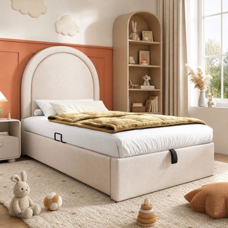 Cama infantil 90x200 cm de PU beige con almacenaje, para dormitorios pequeños, sin colchón – MEUBLIV (1/5)