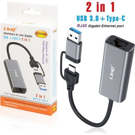 Linq - Adattatore Di Rete Gigabit Ethernet Porta Rj45 2 In 1 Usb 3.0 + Type-c Otg590 -