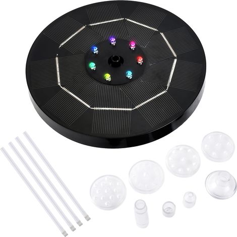 Pompe solaire LED 3,5 W avec éclairage dégradé coloré, batterie 1800 mAh, 6 buses, idéale pour fontaine, bassin de jardin, terrasse ou bain d'oiseaux. (1/5)