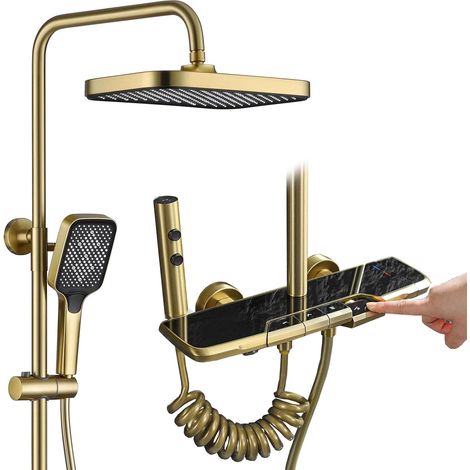 Colonne de Douche Thermostatique Noir et Or, Moderne Or Brossé Ensemble de Douche avec 4 Touches de Piano, 31x21cm Systèmes de Douche, Robinet de Baignoire, Douchette, Réglable en Hauteur (1/4)