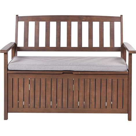 Banco de jardín con almacenaje de madera maciza de acacia 2 plazas 120 cm oscuro con cojín gris Sovana