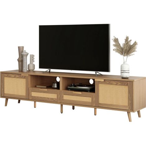 Meuble TV 200x37x49cm rotin plastique pieds bois massif design naturel (1/5)