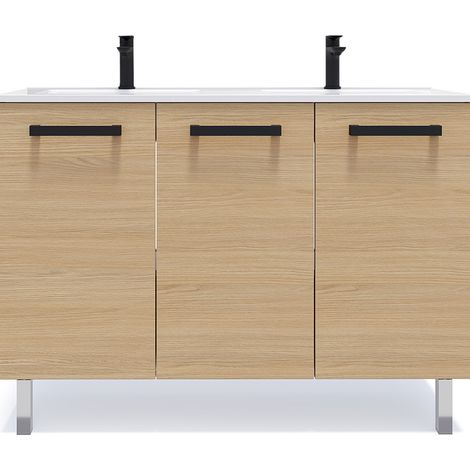 Meuble de salle de bain suspendu avec pieds double vasque intégrée 120cm 3 portes Chêne clair - Chelsea (1/5)
