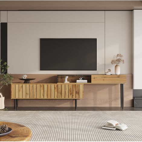 Meuble TV extensible 129-200x26,5x58 cm en MDF brun, avec rangement, salon FloraGrace (1/5)