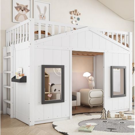 Litera 90x200 cm de madera y MDF blanca con escalera, ahorra espacio, sin colchón – MEUBLIV (1/5)
