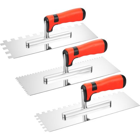 Lot de 3 truelles dentées 4 x 4, 8 x 8, 12 x 12 mm, en acier inoxydable, avec poignée souple, truelle de lissage des dents pour la pose de carrelage, le nivellement du béton et la réparation de ciment (1/5)