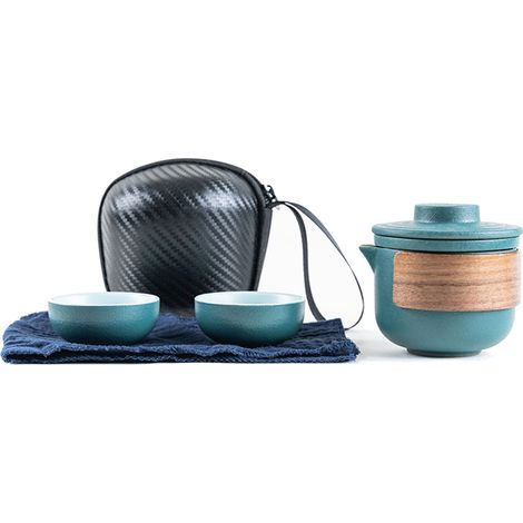Ensemble de thé portable anti-brûlure, mini théière en céramique avec filtre, idéal pour extérieur, sac de rangement inclus, 2 tasses vertes (1/5)