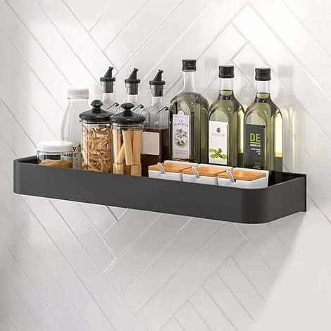 Étagère à épices murale sans perçage, 40 cm, noire, idéale pour la salle de bain et la cuisine. (1/5)