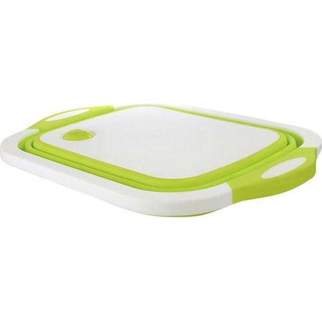 Planche à découper pliable 3-en-1 – Évier, bol et panier de rangement – Matériaux PP et silicone TPR (Blanc-vert) (1/5)