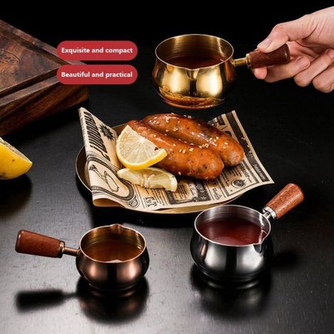 Lot de 2 saucières inox avec bec verseur, 100 ml, poignée en bois, coupelles à sauce dorées (1/4)