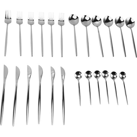 Ensemble de couverts de cuisine en acier inoxydable argenté. Comprend un couteau, une fourchette et une cuillère. Compatible lave-vaisselle.