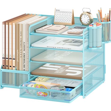 Robuste Organisateur de Bureau avec Porte-Documents, 5 Niveaux - Porte-Lettres avec Tiroir et 2 Porte-Stylos - Compartiments de Rangement en Maille pour Fournitures de Bureau, Bleu (1/5)