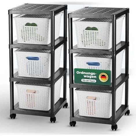 Novaliv 2x chariot à roulettes 4 niveaux avec 6x panier en rotin et couvercle blanc, étagère de salle de bain cuisine de salle de bain, chariot de