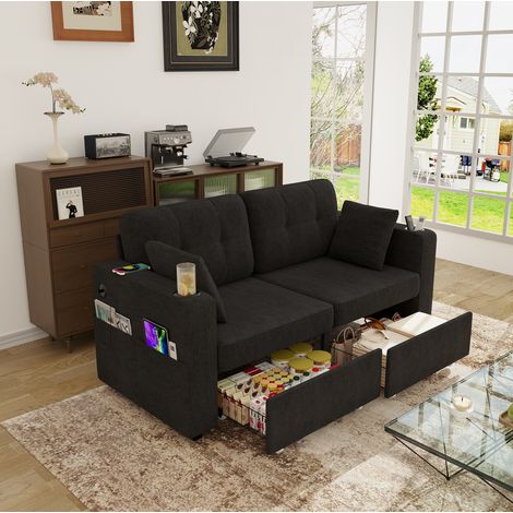 Canapé 2 posti in chenille nera 172 cm con USB, 2 cassetti, portabicchieri e tasche laterali (1/5)