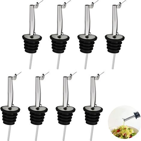 Set of 8 Stainless Steel Olive Oil Pouring Spouts with Flaps for Wine/Vinegar Bottles, Bar and Pub (Black) (1/5)