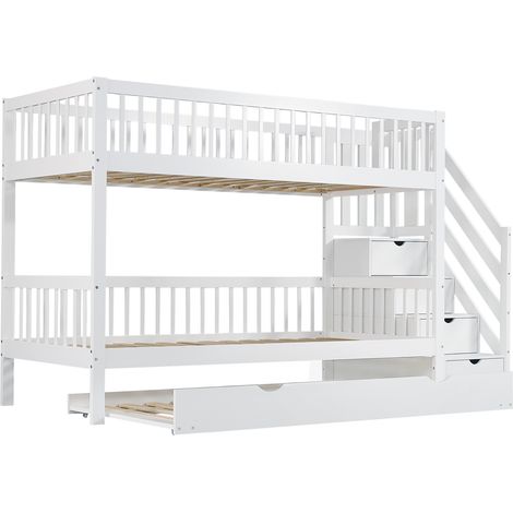 Etagenbett mit Ausziehbett, Leiter mit Stauraum, Kiefer und MDF, weiß, 90 x 200/190 cm (1/5)