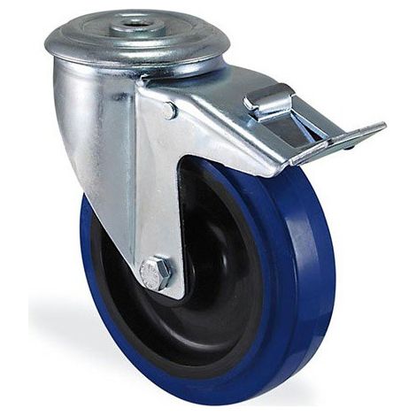 Roulette à oeil pivotante à frein caoutchouc elastique bleu diamètre 100mm charge 150kg
