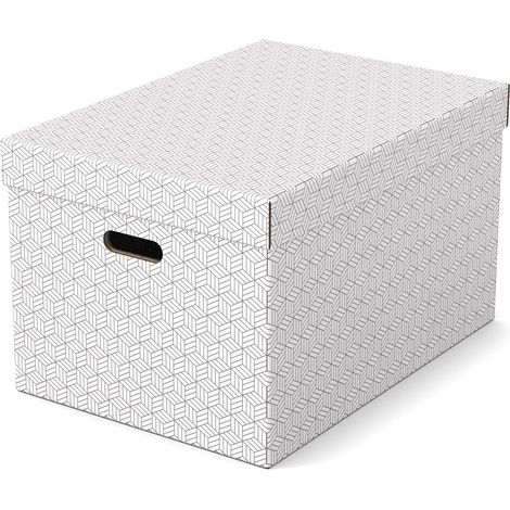Esselte Set di 3 Contenitori Grandi con Coperchio in Cartone Riciclato e Riciclabile al 100%, Ottimali per lo Stoccaggio e l'Archiviazione, Design Geometrico, 355 mm x 305 mm x 510 mm, Bianco (1/3)