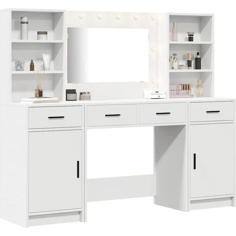 Coiffeuse Blanche avec Miroir LED, Ensemble de 3 Pièces avec Tabouret et Table de Toilette, Meuble de Chambre à Coucher Moderne avec Rangement (1/5)