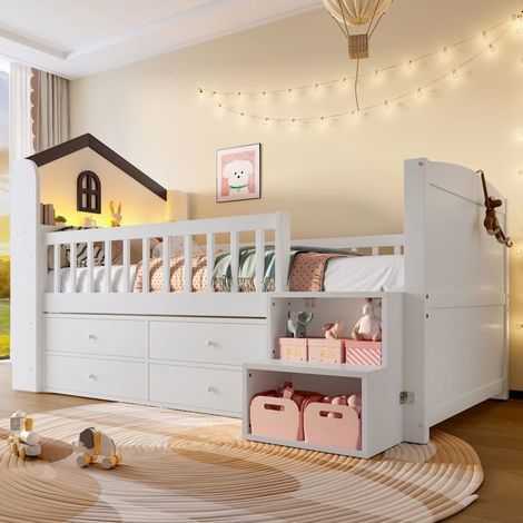 Lit enfant - SOGEU - Cabane LED 90x200 - Éclairage LED - 4 tiroirs rangement - Échelle avec étagères (1/5)