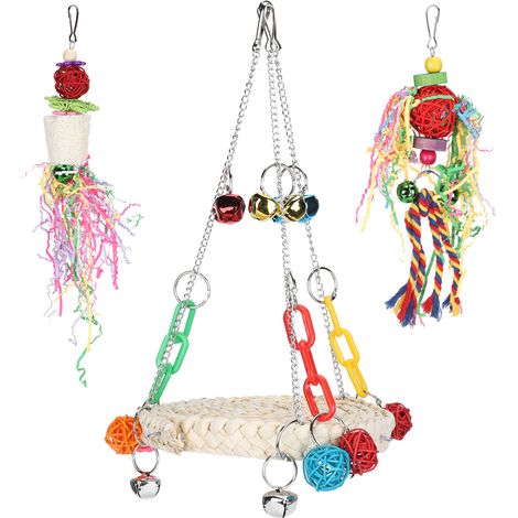 Ensemble de 3 jouets pour perroquets : support suspendu, balançoires, jouets à mâcher pour oiseaux, pendentif en rotin décoratif (1/5)
