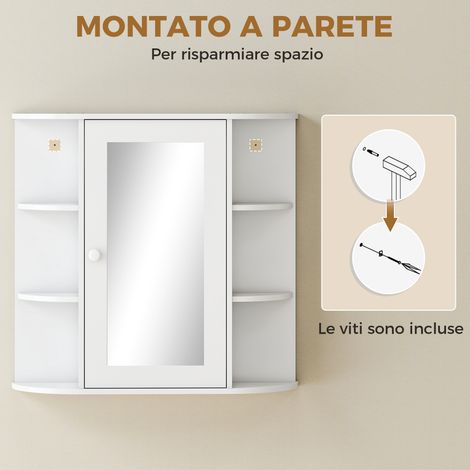 Miroir mural blanc en verre avec meuble de rangement, 6 casiers ouverts et 2 fermés, dimensions 66x17x63 cm, armoire de salle de bain design (1/5)