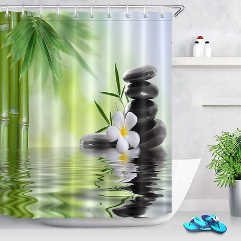 Spa Rideau de Douche avec des Crochets,180 x 200 cm Pierres Noires Orchidées Bambou Eau À Motifs Rideau de la Salle de Bain Résistant à l'eau Anti-moisissure Lavable Tissu ePolyester (1/4)