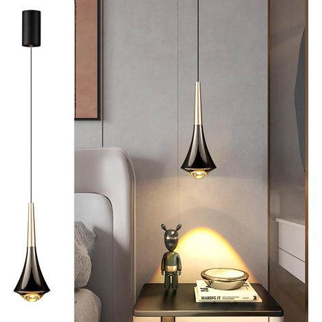 Suspension LED, lampe de chambre, forme de goutte d'eau, température de couleur 3000K, noir et or, dimensions 22 x 8,5 cm, en aluminium. (1/5)