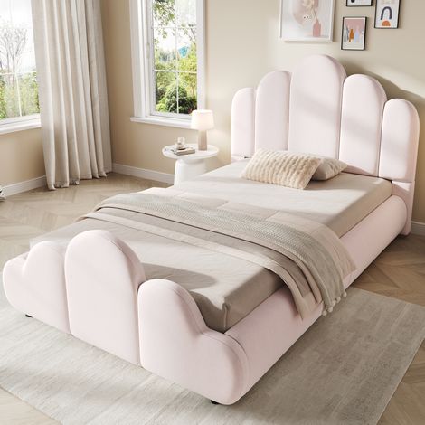 Cama tapizada 90 x 200 cm con cabecero acolchado, base de lamas, terciopelo rosa HAVRYA (1/5)