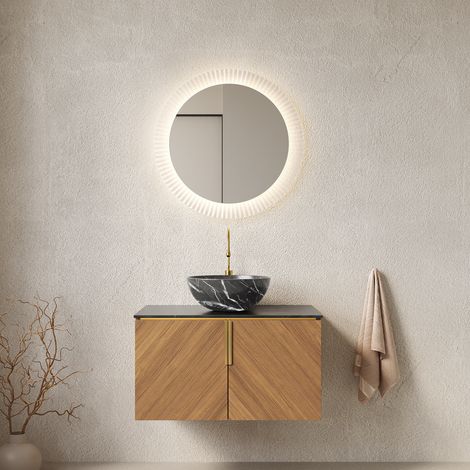 76cm Wandhalterung Badezimmer-Waschtisch mit Schwarzer Schüssel Keramikbecken mit Steinmuster, Arbeitsplatte aus schwarzem Sinterstein, Sperrholzschrank mit 2 Türen, Braun-Eiche Holzmaserung Farbe