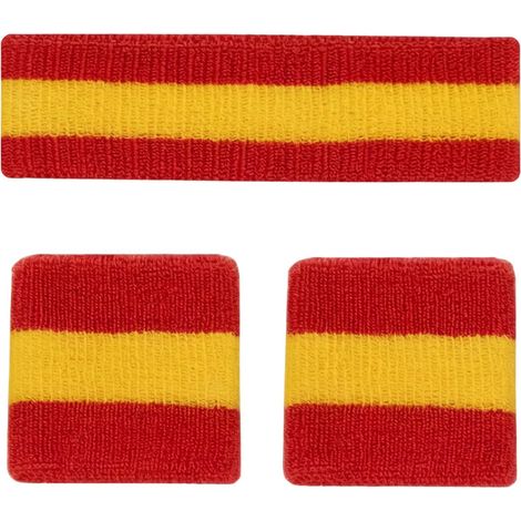 1 Kit Espagne Bandeau Brassard 3 Pièces Bandeau 5x18cm Brassards 8x8cm Coton Rouge Jaune Absorption Transpiration Séchage Rapide Respirant Élastique pour Basketball Tennis Football Course Sport (1/5)