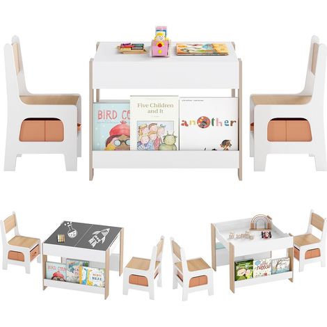 COSTWAY 4 en 1 Table Enfant avec 2 Chaises & Plateaux Réversibles Double Face, Table d’Activité avec Bibliothèques & 2 Bacs en Tissu, Bureau Enfant pour Dessin Lecture Jeux de 3-6 Ans (Naturel) (1/5)