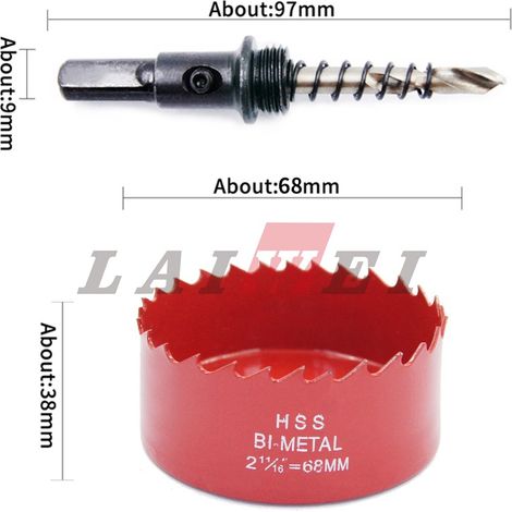 68-mm-Lochsäge, Bimetall-Lochsägenset mit Sechskantschaft und Zentrierbohrer für Metall, geeignet für Holz, Metall, Blech, Rohre und Kunststoffe. (1/5)