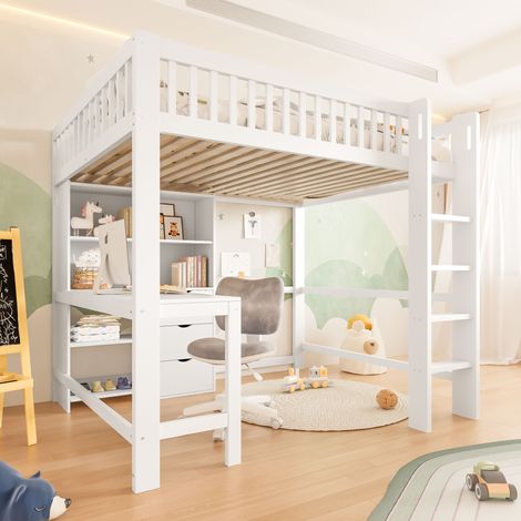 Lit mezzanine double en bois 140x200 cm avec bureau intégré, 3 tiroirs, étagères, rangements ouverts, échelle et garde-corps, pin et MDF, Blanc (1/5)
