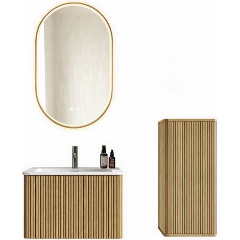Mueble de baño 60 cm con lavabo, armario lateral y espejo LED ovalado, color roble (1/5)