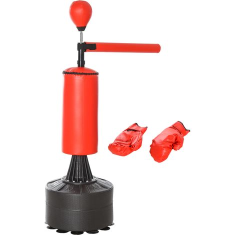 Sac de frappe sur support 3-en-1, punching ball brunier avec ballon de vitesse, bras rotatif flexible, hauteur ajustable 155-205 cm, revêtement synthétique, base HDPE dim. 88x48 cm, noir et rouge (1/4)