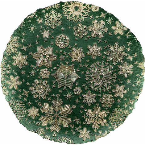 Piatti tondi natalizi in vetro verde alimentare con rilievi fiocchi di neve e stella di Natale dorati, Ø 33 cm