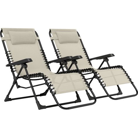 Set aus 2 klappbaren Liegestühlen mit Kopfstützen aus Textilene-Gewebe, 90 x 65 x 112 cm, beige