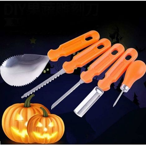 Outils Sculpture Citrouille - Acier Inoxydable 2CR13 Et Polypropylène - Pour Décoration Halloween Familiale - Lot De 5 Pièces (1/4)