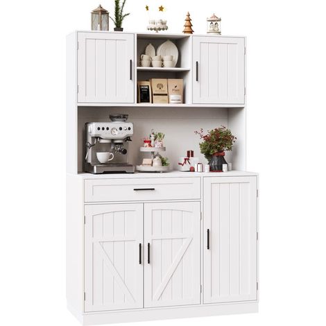 ELVMI Credenza da Cucina con 5 Ante, LED e Presa Integrata, per Cucina, in MDF e Metallo, 110×38×180 cm, Bianco (1/5)