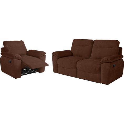 PACK - Canapé de relaxation ROSS manuel 3 places et fauteuil en velours côtelé - Marron (1/5)