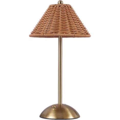 Lámpara de mesa inalámbrica de ratán con 3 modos de color y regulador LED táctil, lámpara de mesilla de noche minimalista de estilo bohemio para dormitorio, color marrón.